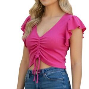 Sunday Best cropped ribbed tie front ruffled sleeve top XL excellent condition